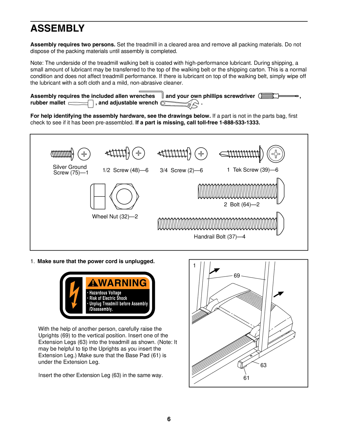 ProForm 831.295230 user manual Assembly, Make sure that the power cord is unplugged 