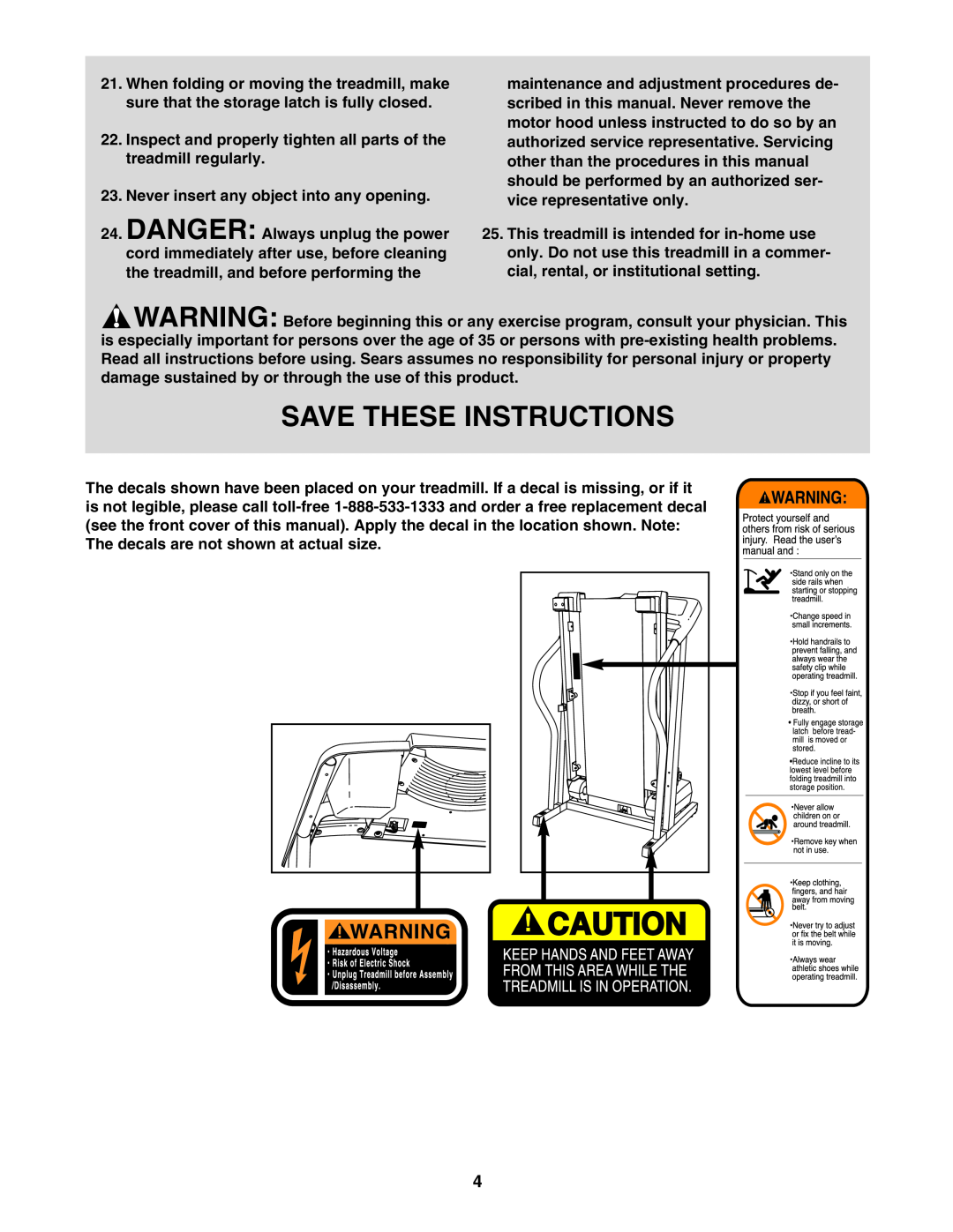 ProForm 831.295230 user manual Save These Instructions, Inspect and properly tighten all parts of the treadmill regularly 