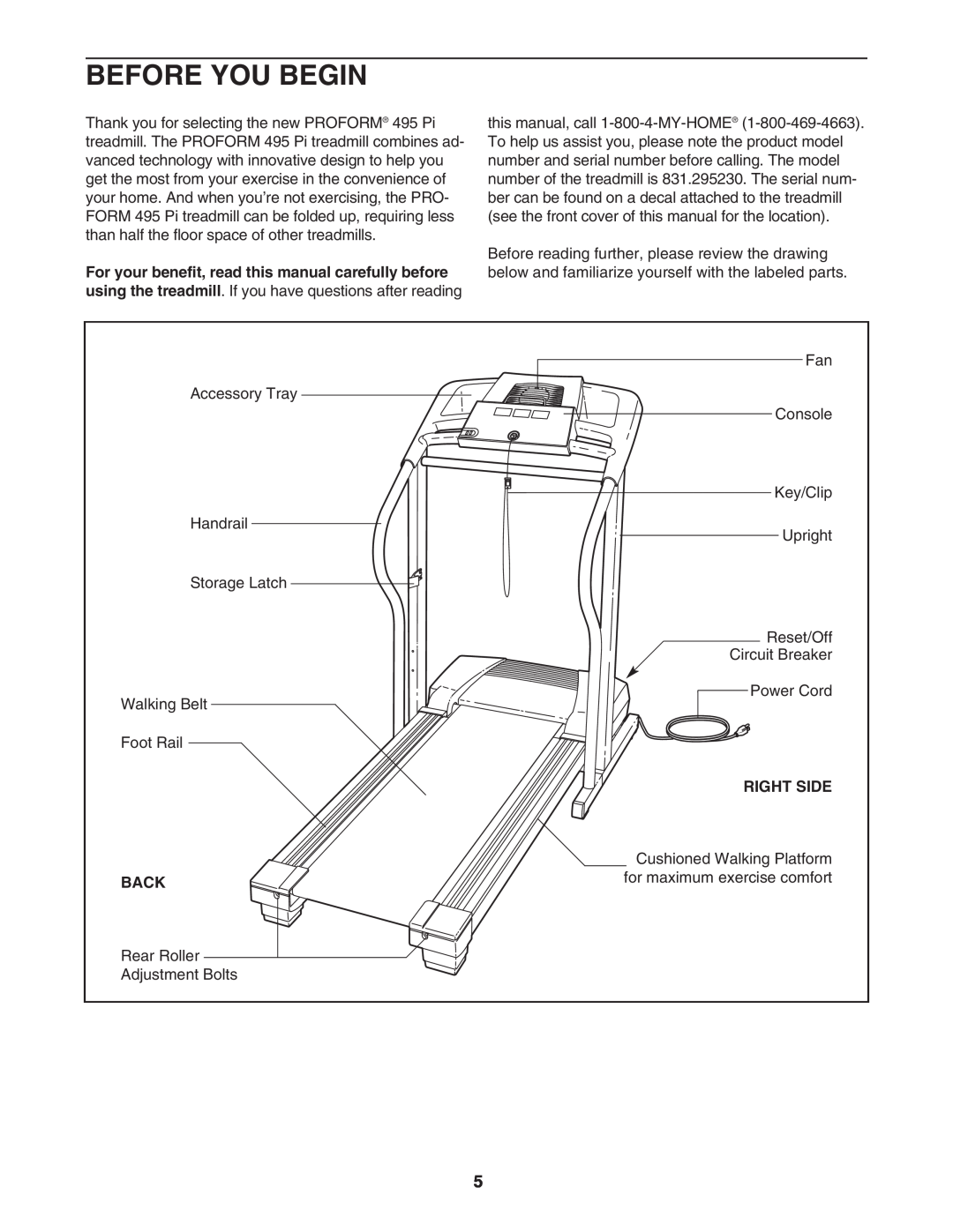 ProForm 831.295230 user manual Before You Begin, Right Side, Back 