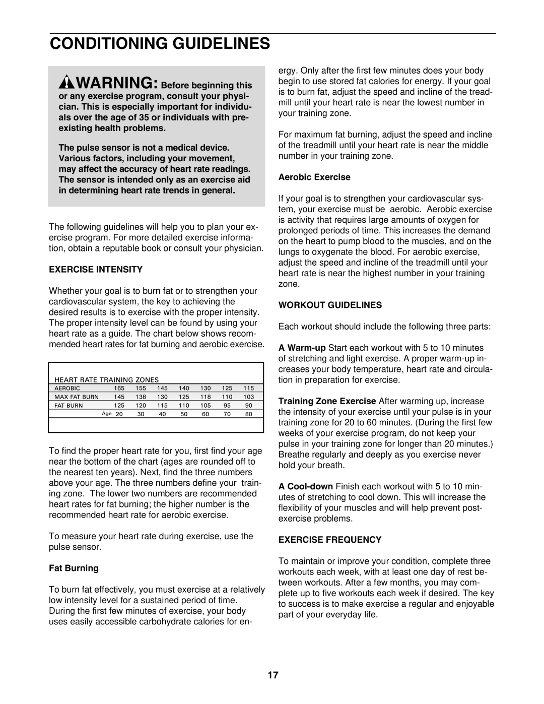 ProForm 831.295231 user manual Conditioning Guidelines, Exercise Intensity, Workout Guidelines, Exercise Frequency 