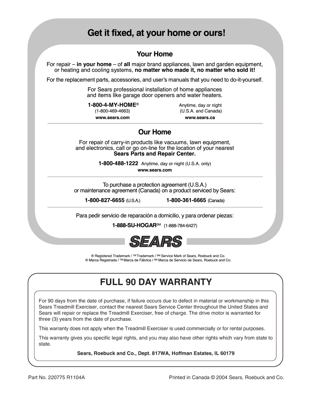 ProForm 831.295232 user manual Full 90 DAY Warranty, Sears, Roebuck and Co., Dept WA, Hoffman Estates, IL 