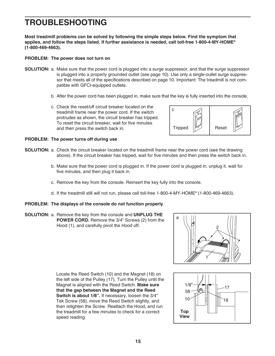 ProForm 831.29523.4 user manual Troubleshooting, Problem The power turns off during use, Top 