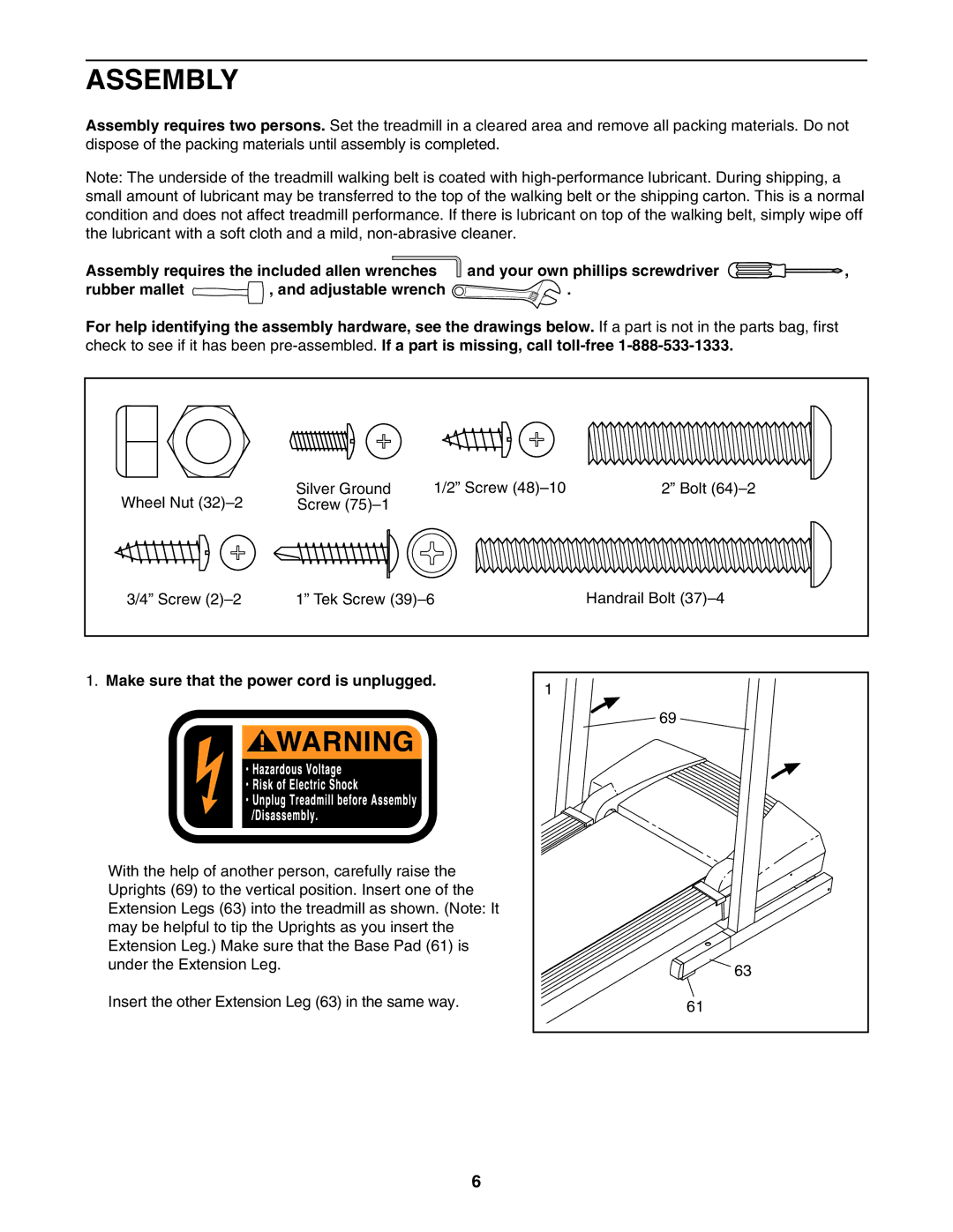 ProForm 831.29523.4 user manual Assembly, Make sure that the power cord is unplugged 