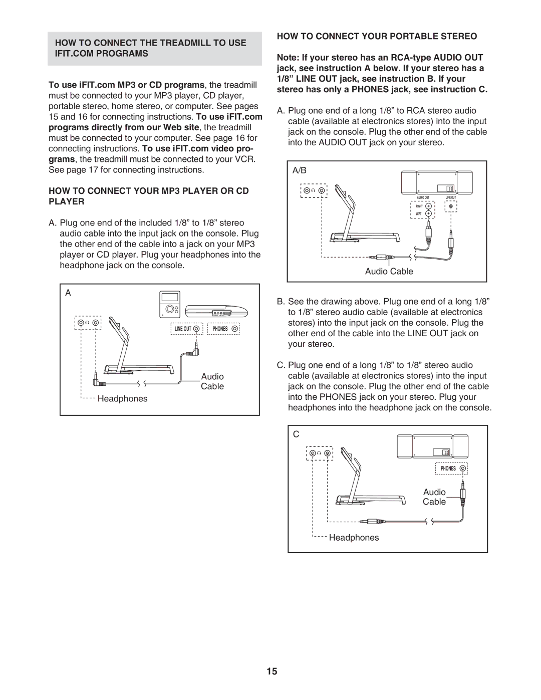 ProForm 831.295250 HOW to Connect Your MP3 Player or CD Player, HOW to Connect Your Portable Stereo, Audio Cable 