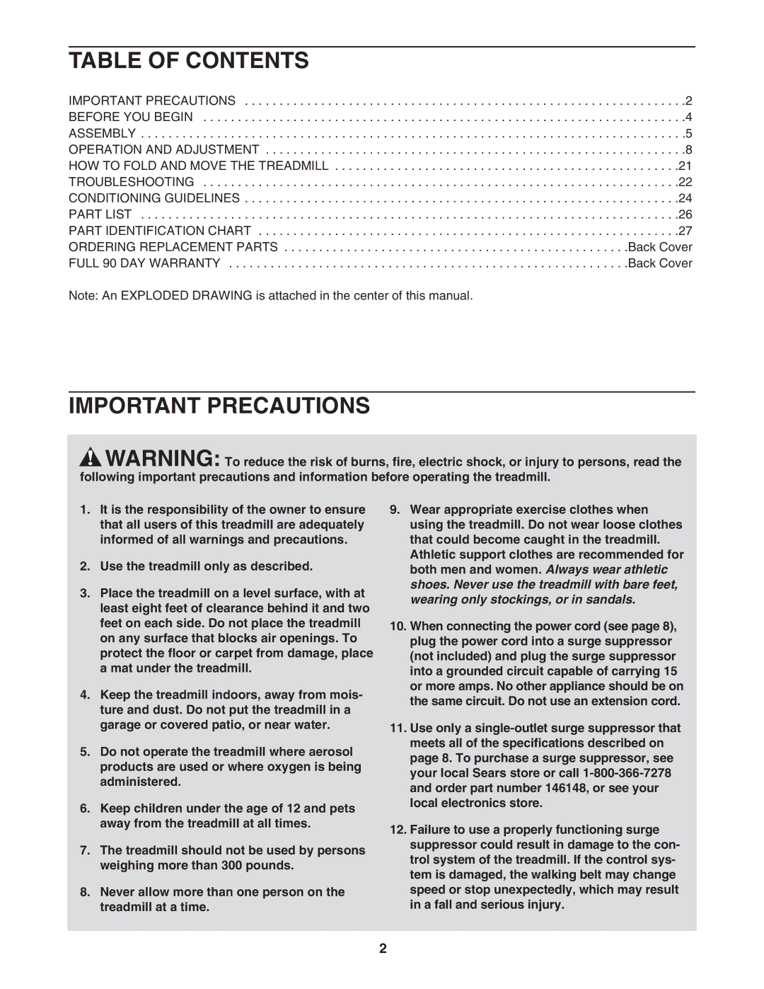 ProForm 831.295250 user manual Table of Contents, Important Precautions 