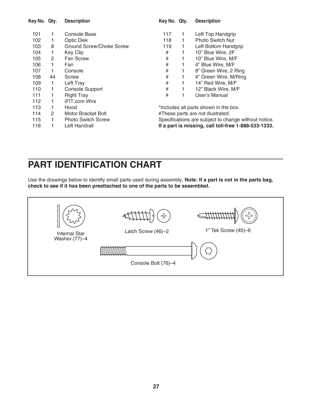 ProForm 831.29525.4 user manual Part Identification Chart, If a part is missing, call toll-free 