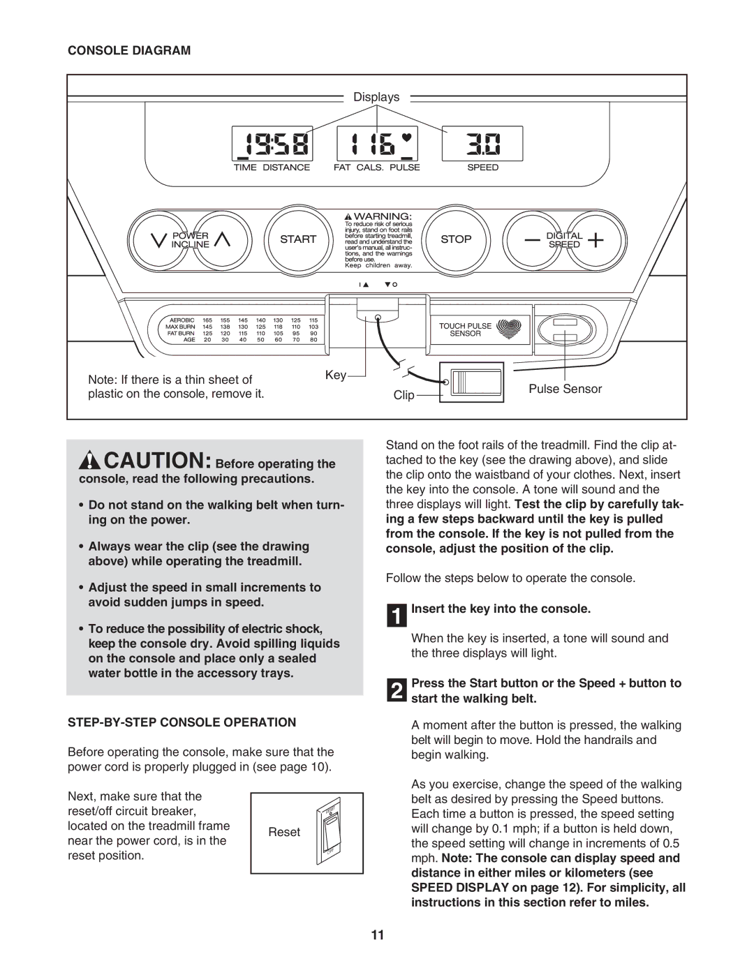 ProForm 831.29533.0 user manual Console Diagram, STEP-BY-STEP Console Operation, Insert the key into the console 