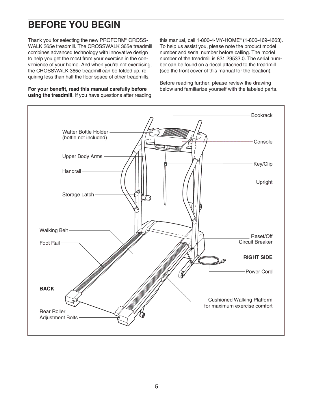 ProForm 831.29533.0 user manual Before YOU Begin, Right Side, Back 