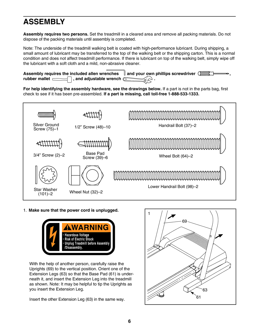 ProForm 831.295550 user manual Assembly, Make sure that the power cord is unplugged 