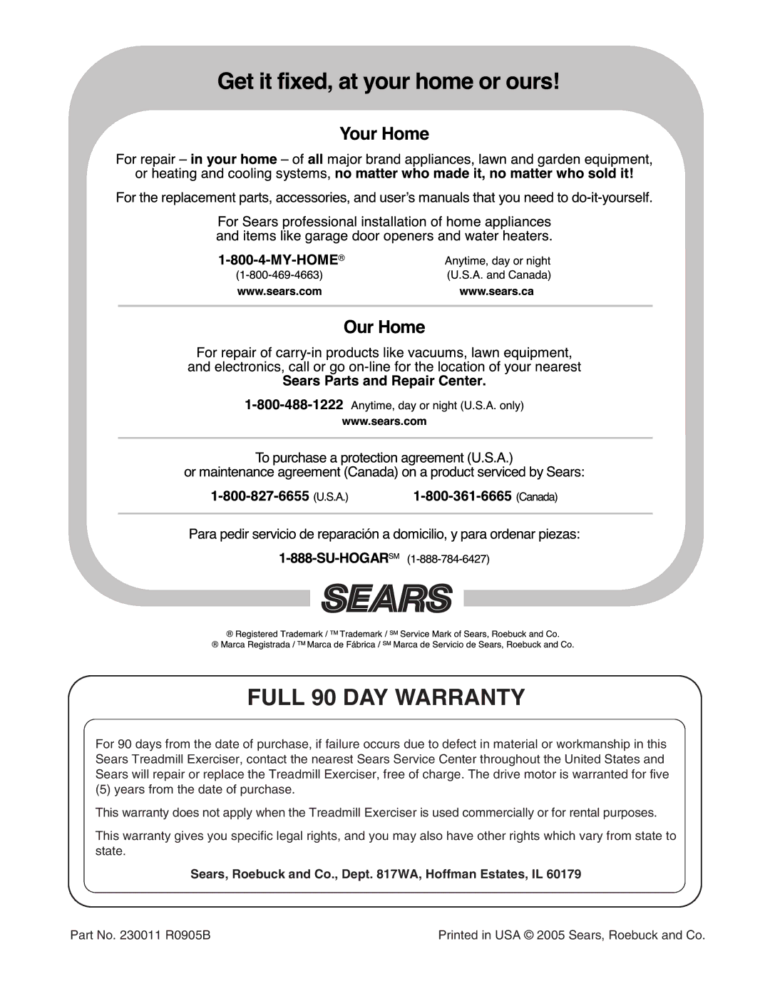 ProForm 831.29604.0 user manual Full 90 DAY Warranty, Sears, Roebuck and Co., Dept WA, Hoffman Estates, IL 