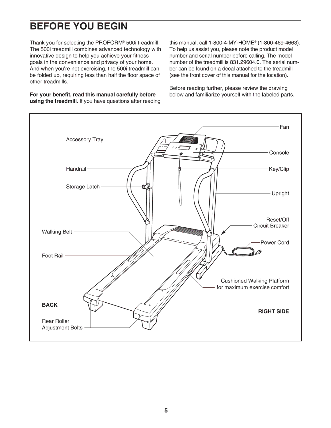 ProForm 831.29604.0 user manual Before YOU Begin, Back Right Side 