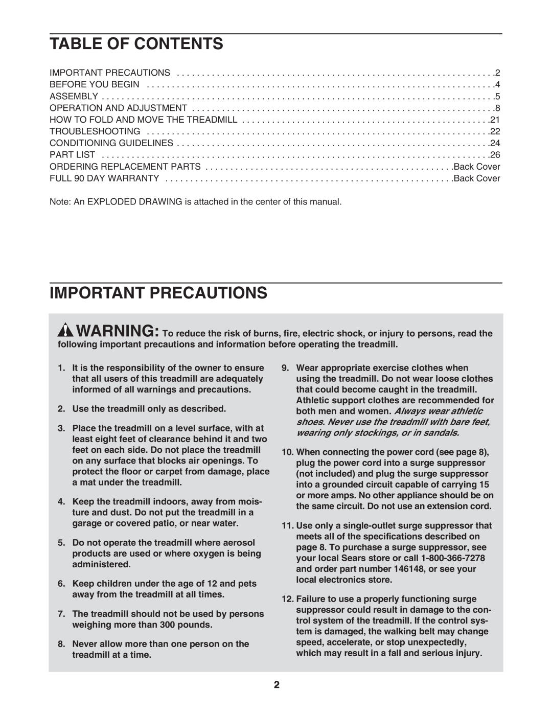 ProForm 831.29605.0 user manual Table Of Contents, Important Precautions, Use the treadmill only as described 
