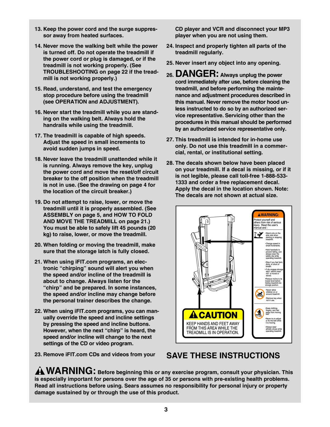 ProForm 831.29605.0 user manual Inspect and properly tighten all parts of the treadmill regularly, Save These Instructions 