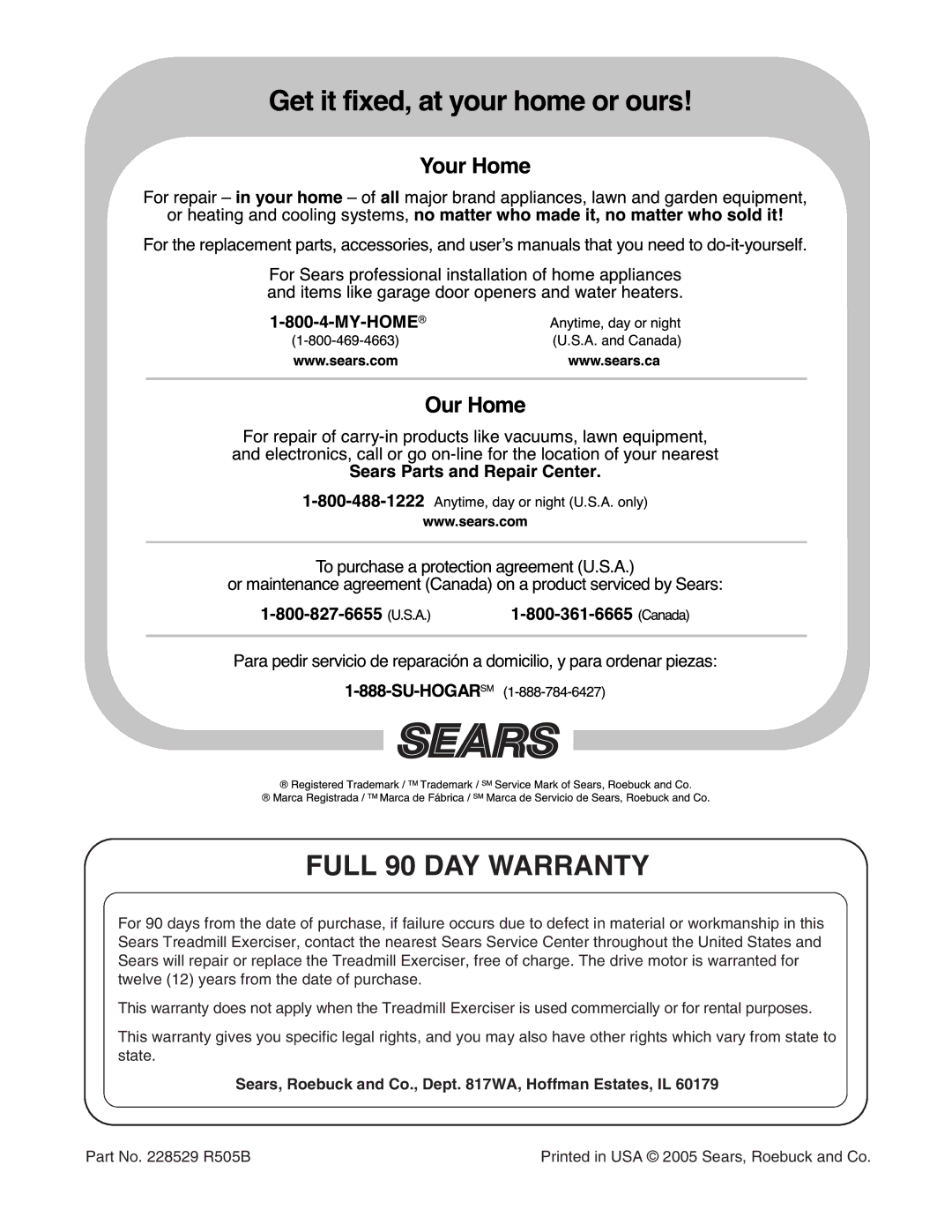 ProForm 831.29605.1 user manual Full 90 DAY Warranty, Sears, Roebuck and Co., Dept WA, Hoffman Estates, IL 