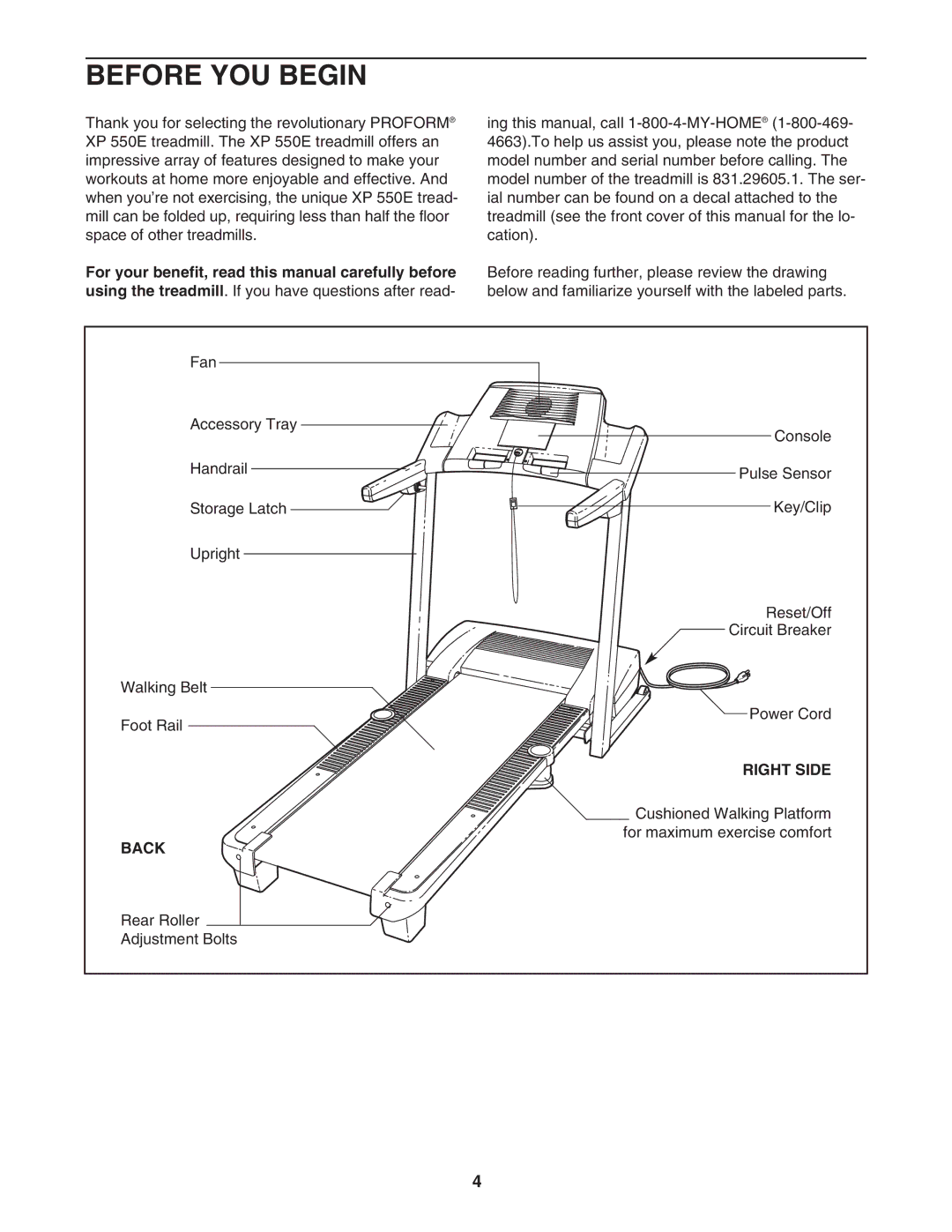 ProForm 831.29605.1 user manual Before YOU Begin, Right Side, Back 