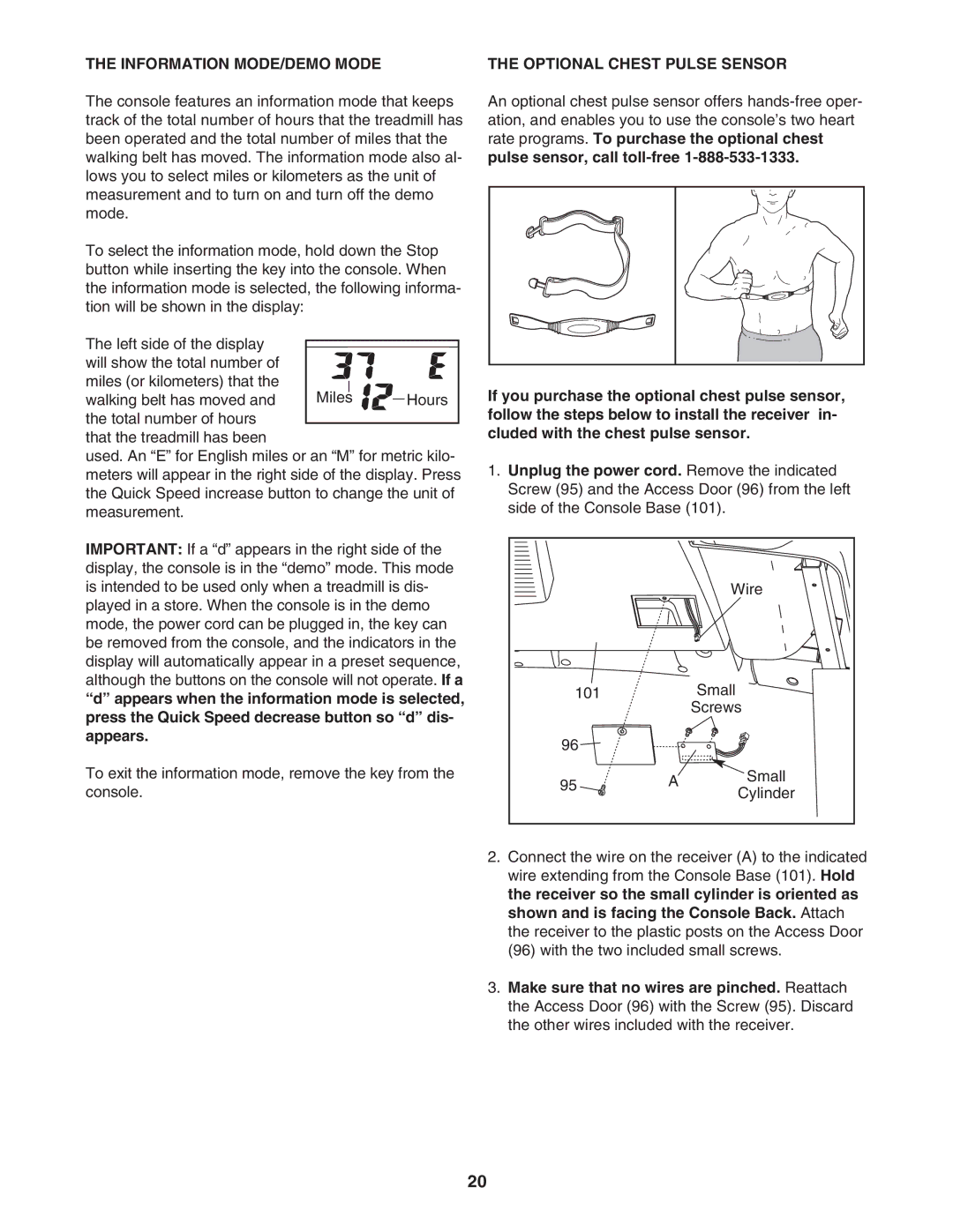 ProForm 831.29606.0 user manual Information MODE/DEMO Mode, Optional Chest Pulse Sensor 