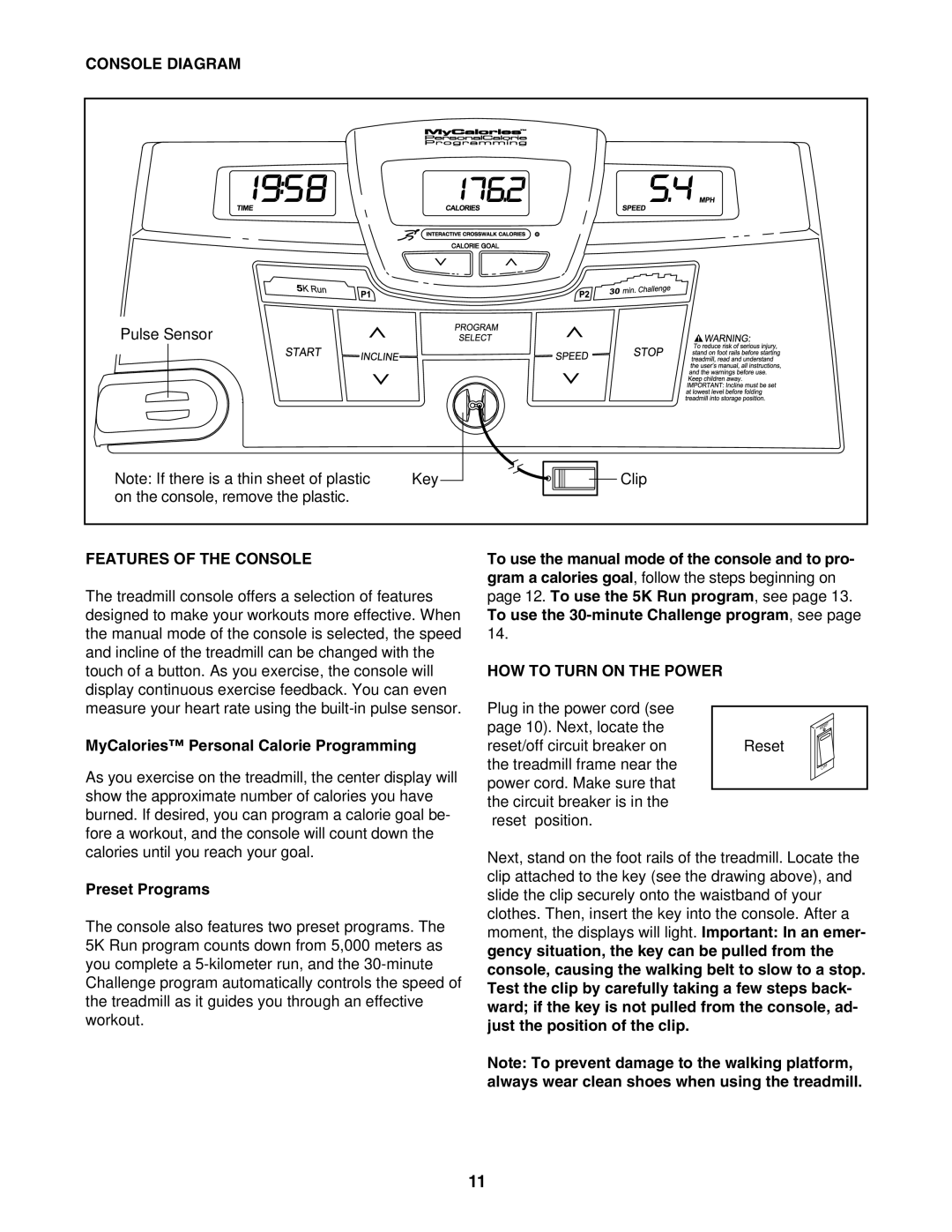 ProForm 831.29623.0 Console Diagram, Features of the Console, MyCalories Personal Calorie Programming, Preset Programs 