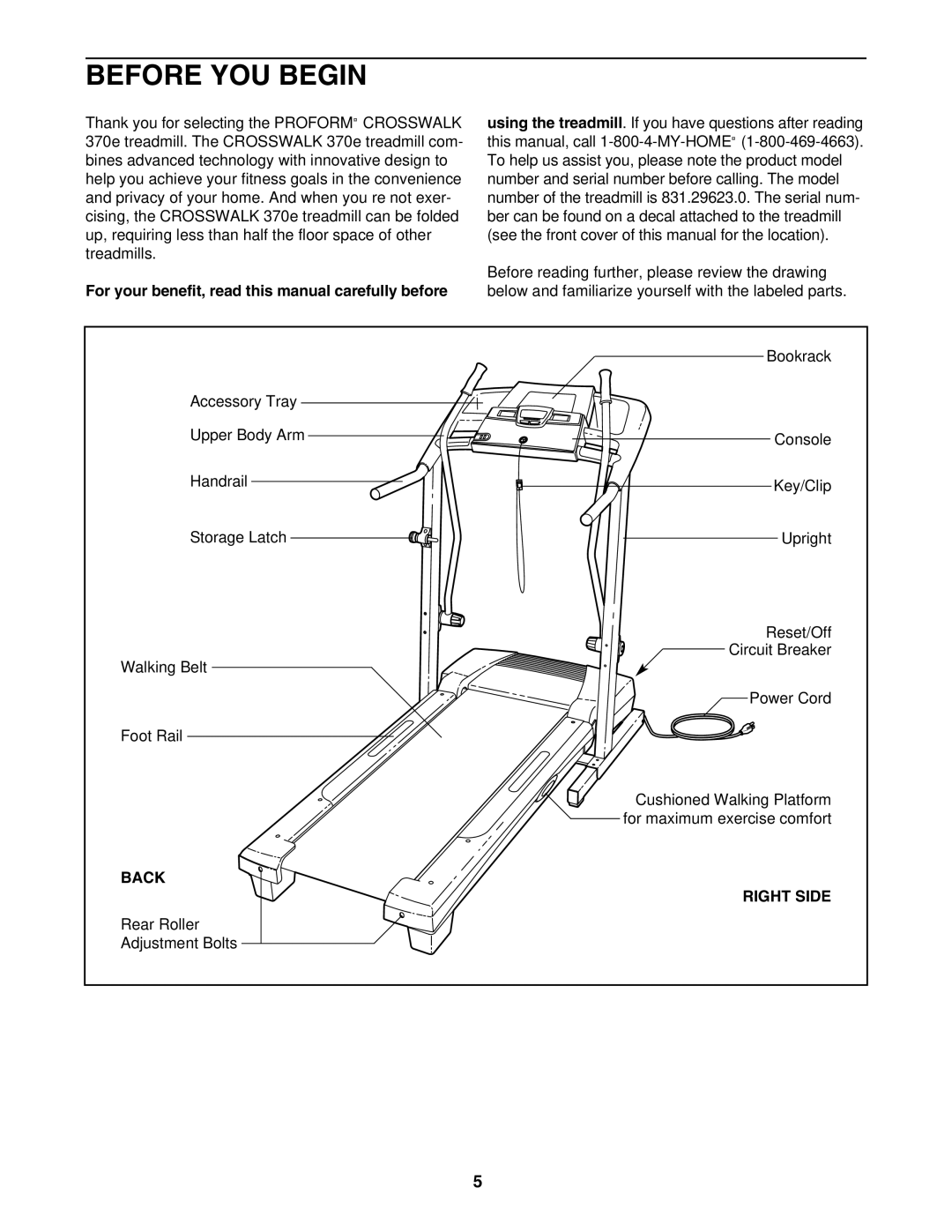 ProForm 831.29623.0 user manual Before YOU Begin, For your benefit, read this manual carefully before, Back Right Side 