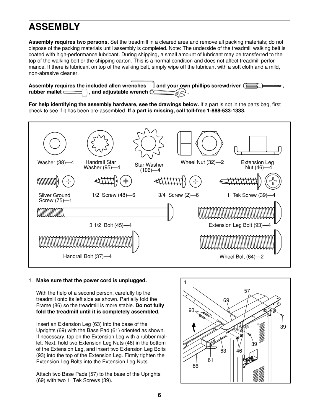 ProForm 831.29623.0 user manual Assembly, Make sure that the power cord is unplugged 