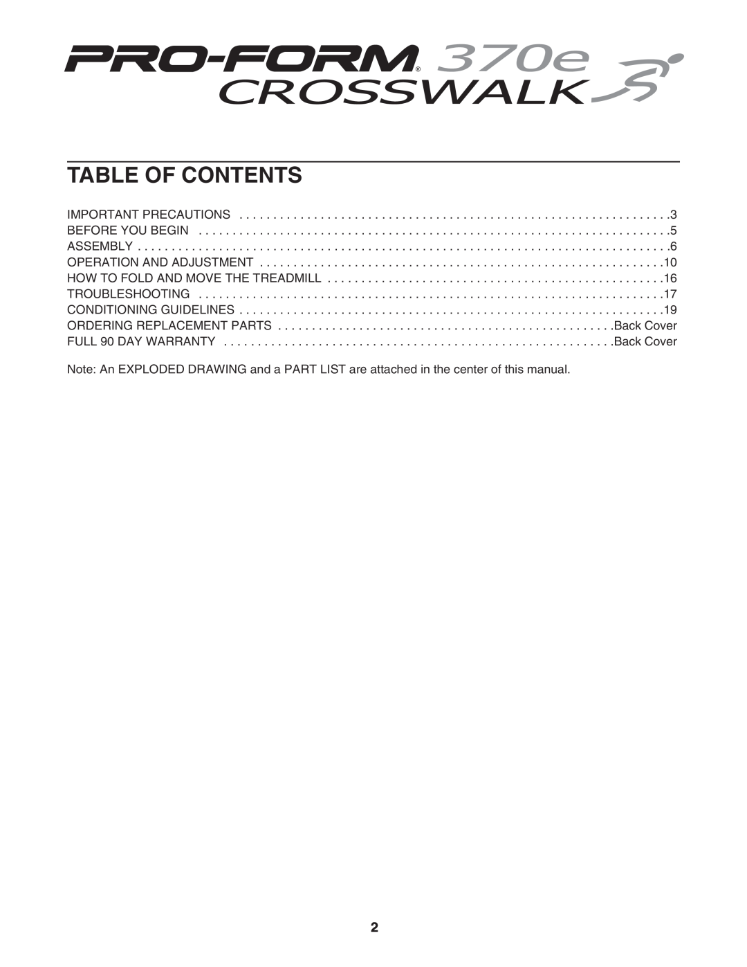 ProForm 831.29623.0 user manual Table Of Contents 