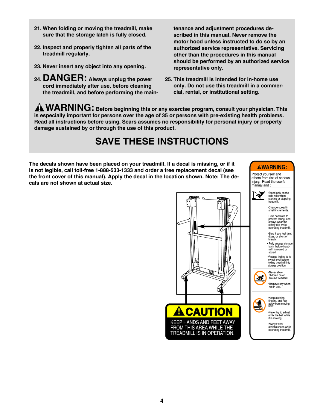 ProForm 831.29623.0 user manual Save These Instructions, Inspect and properly tighten all parts of the treadmill regularly 
