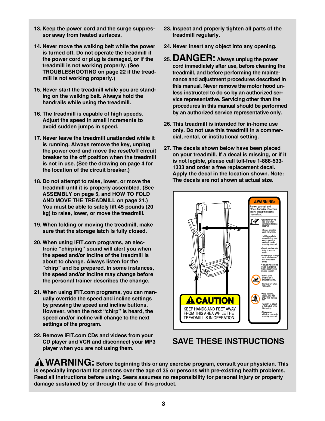 ProForm 831.29675.0 user manual Inspect and properly tighten all parts of the treadmill regularly, Save These Instructions 