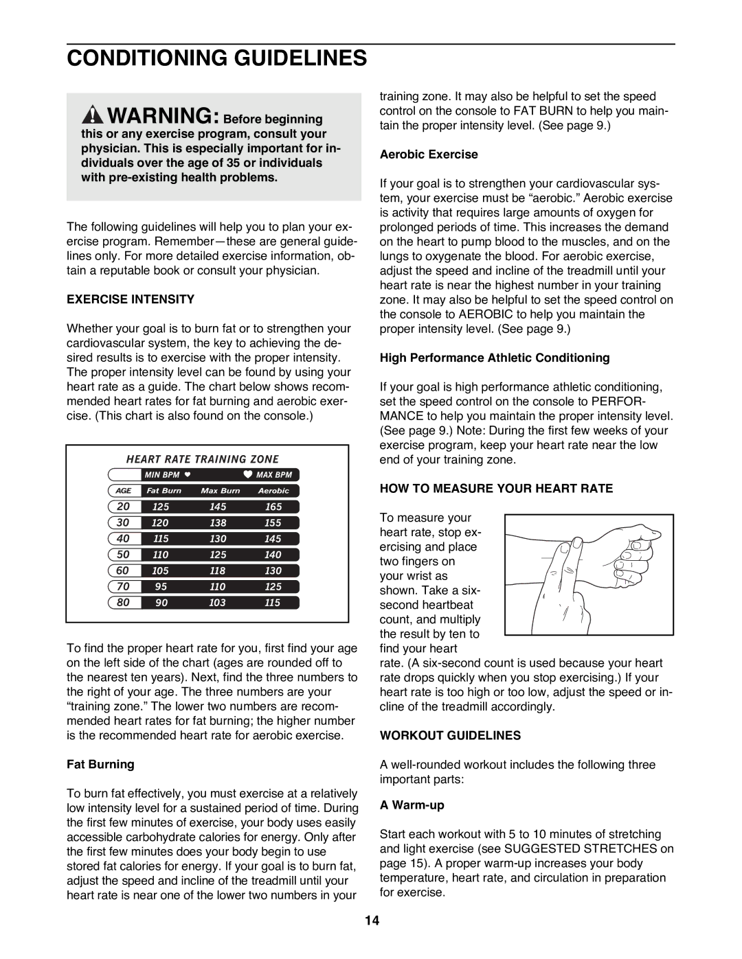 ProForm 831.297000 Conditioning Guidelines, Exercise Intensity, HOW to Measure Your Heart Rate, Workout Guidelines 