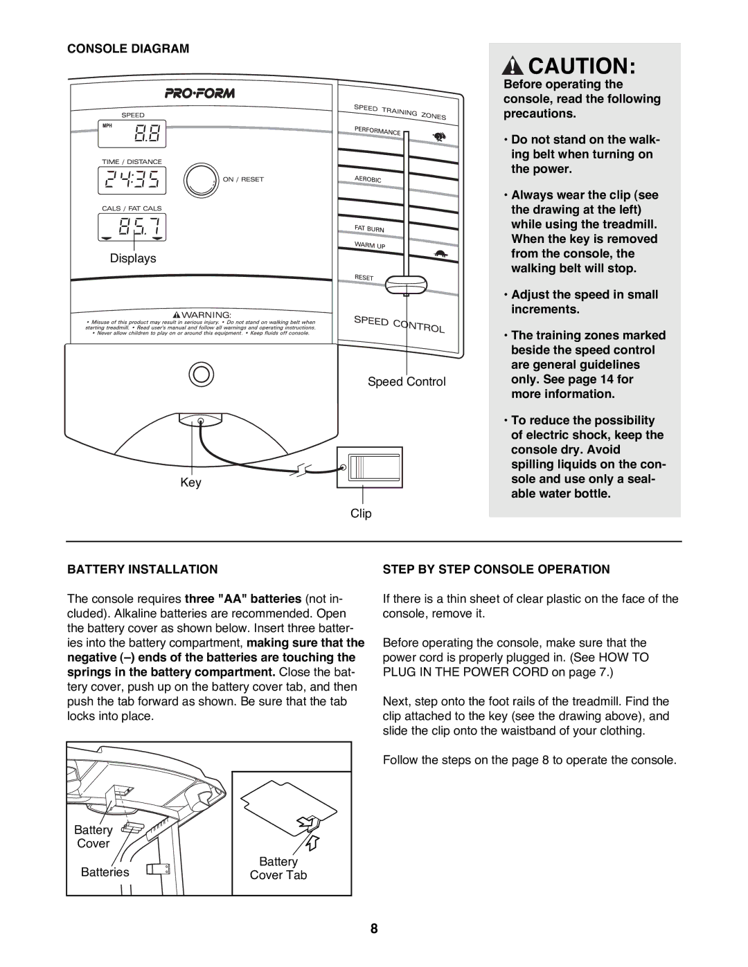 ProForm 831.297000 user manual Console Diagram, Battery Installation Step by Step Console Operation 