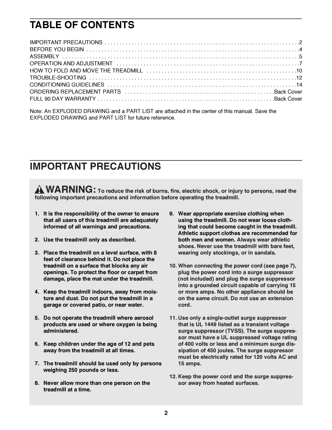 ProForm 831.297001 user manual Table of Contents, Important Precautions 