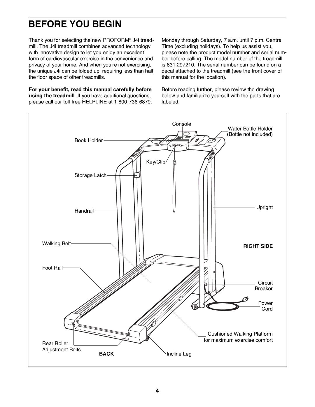 ProForm 831.29721 user manual Before YOU Begin, Right Side, Back 