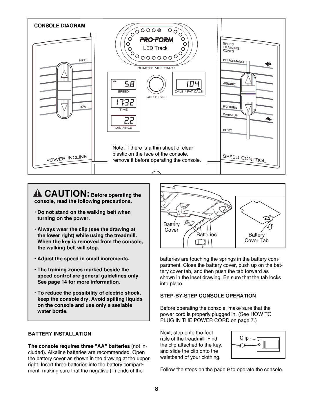 ProForm 831.29721 user manual Console Diagram, Battery Installation, STEP-BY-STEP Console Operation 