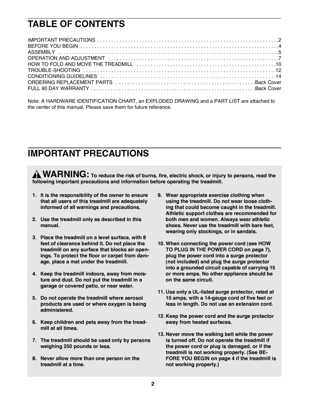 ProForm 831.297381 user manual Table of Contents, Important Precautions 