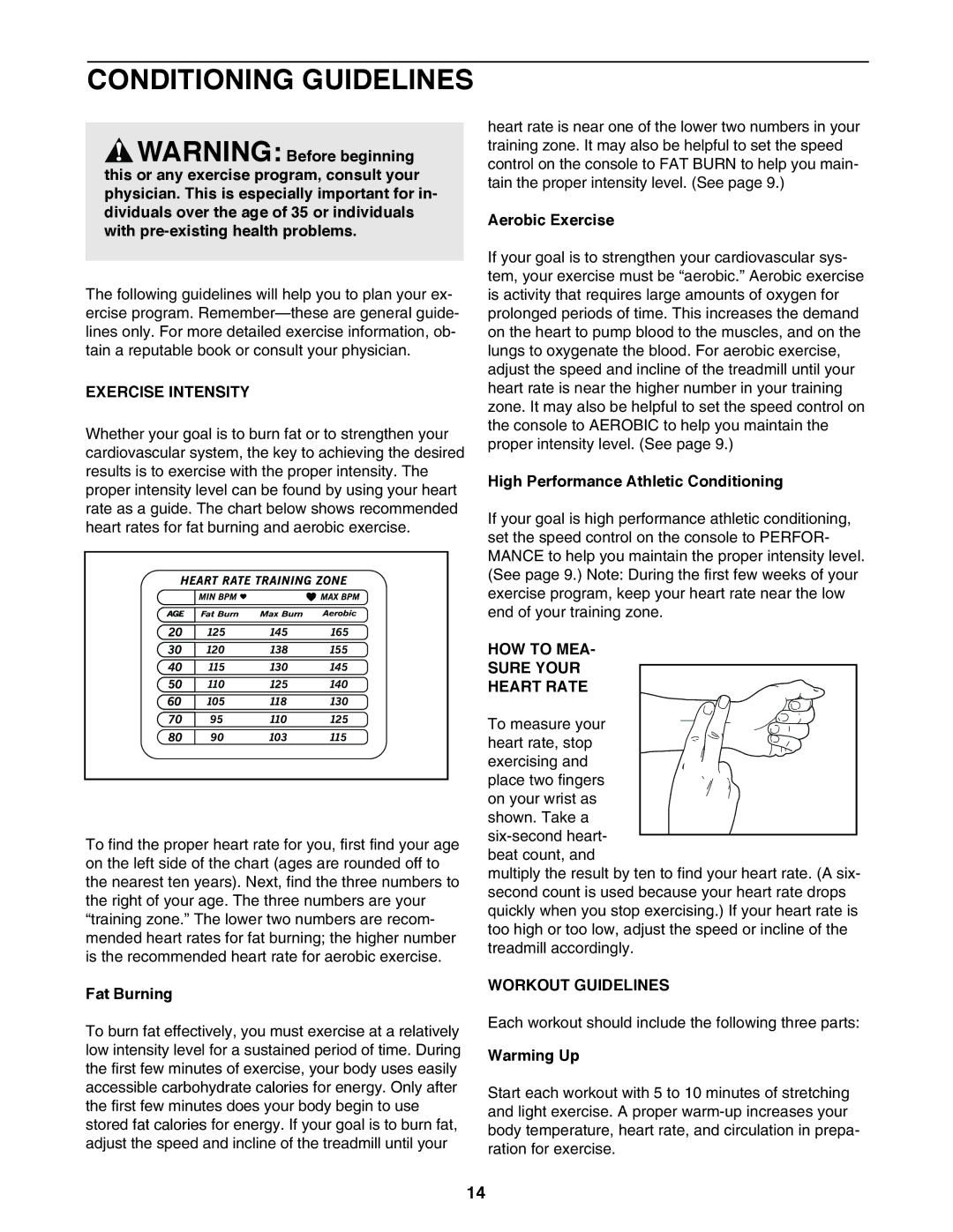 ProForm 831.297390 Conditioning Guidelines, Exercise Intensity, HOW to MEA Sure Your Heart Rate, Workout Guidelines 