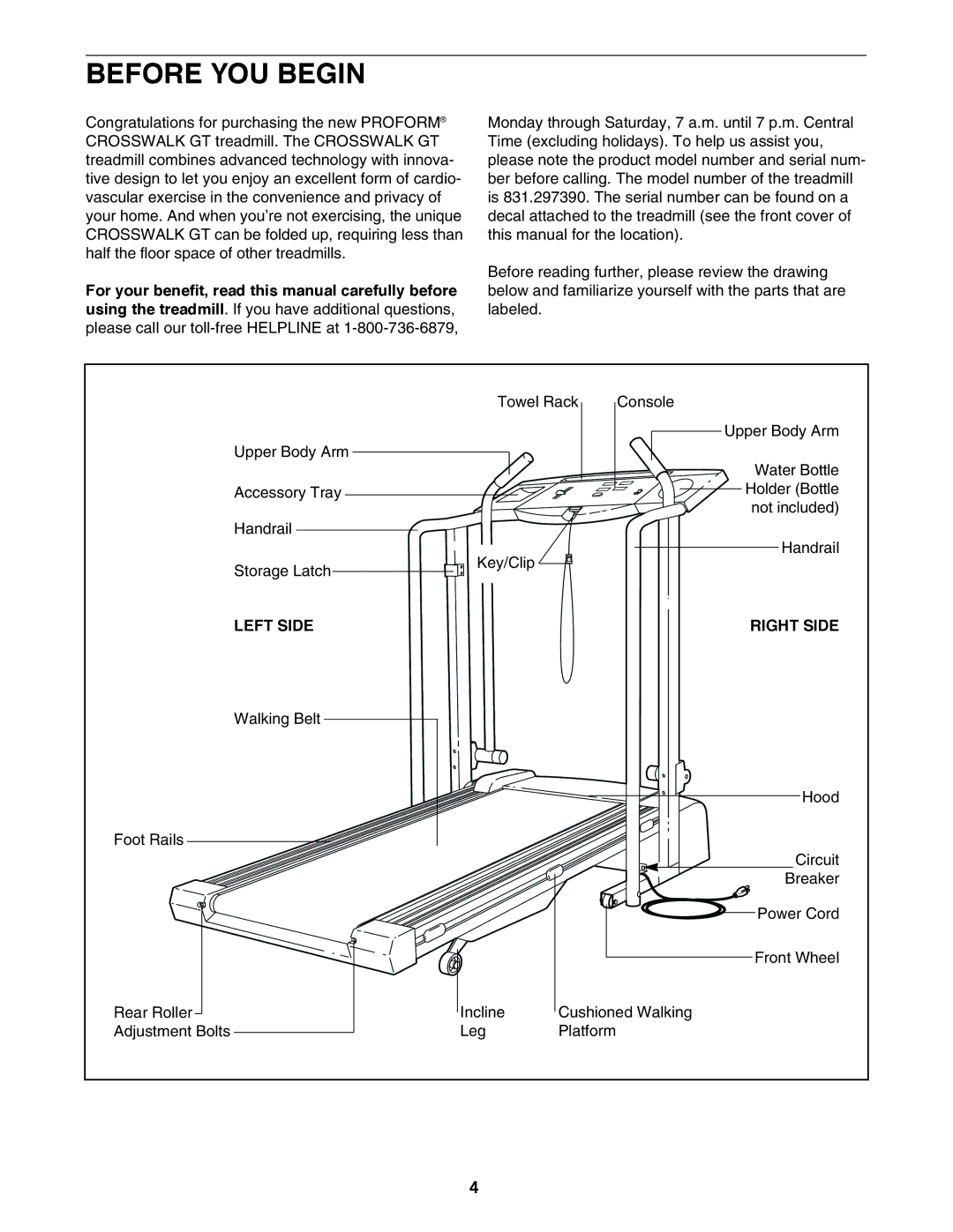 ProForm 831.297390 user manual Before YOU Begin, Left Side Right Side 