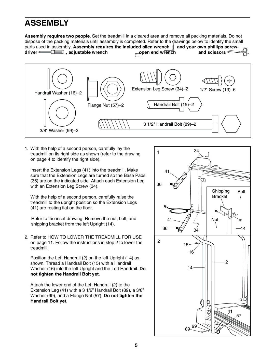 ProForm 831.297390 user manual Assembly, Handrail Bolt yet 