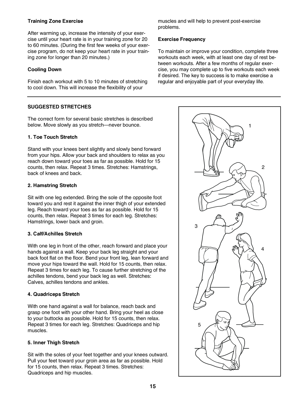 ProForm 831.297390 Training Zone Exercise, Cooling Down, Exercise Frequency, Suggested Stretches, Toe Touch Stretch 