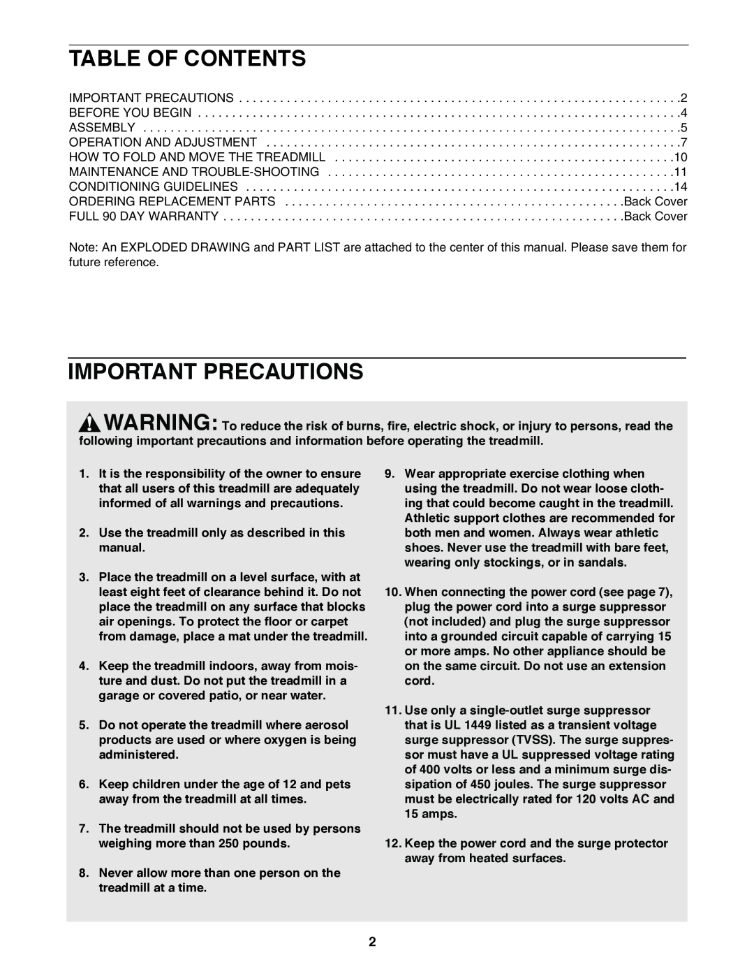 ProForm 831.297390 user manual Table Of Contents, Important Precautions, Use the treadmill only as described in this manual 