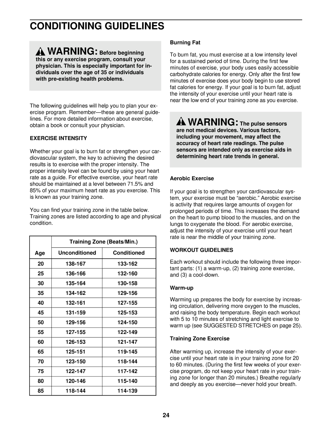 ProForm 831.297442 user manual Conditioning Guidelines, Exercise Intensity, Workout Guidelines 