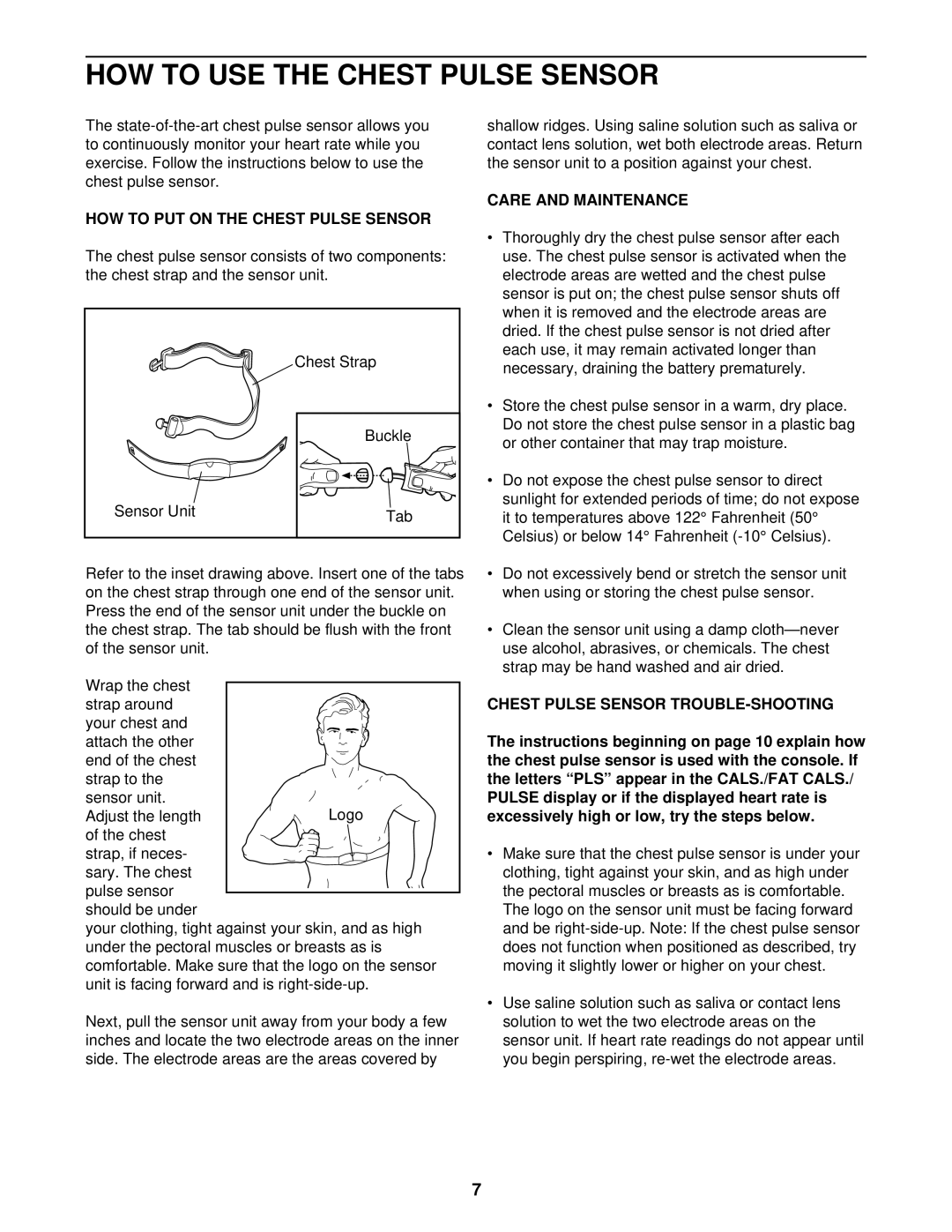 ProForm 831.297442 HOW to USE the Chest Pulse Sensor, HOW to PUT on the Chest Pulse Sensor, Care and Maintenance 