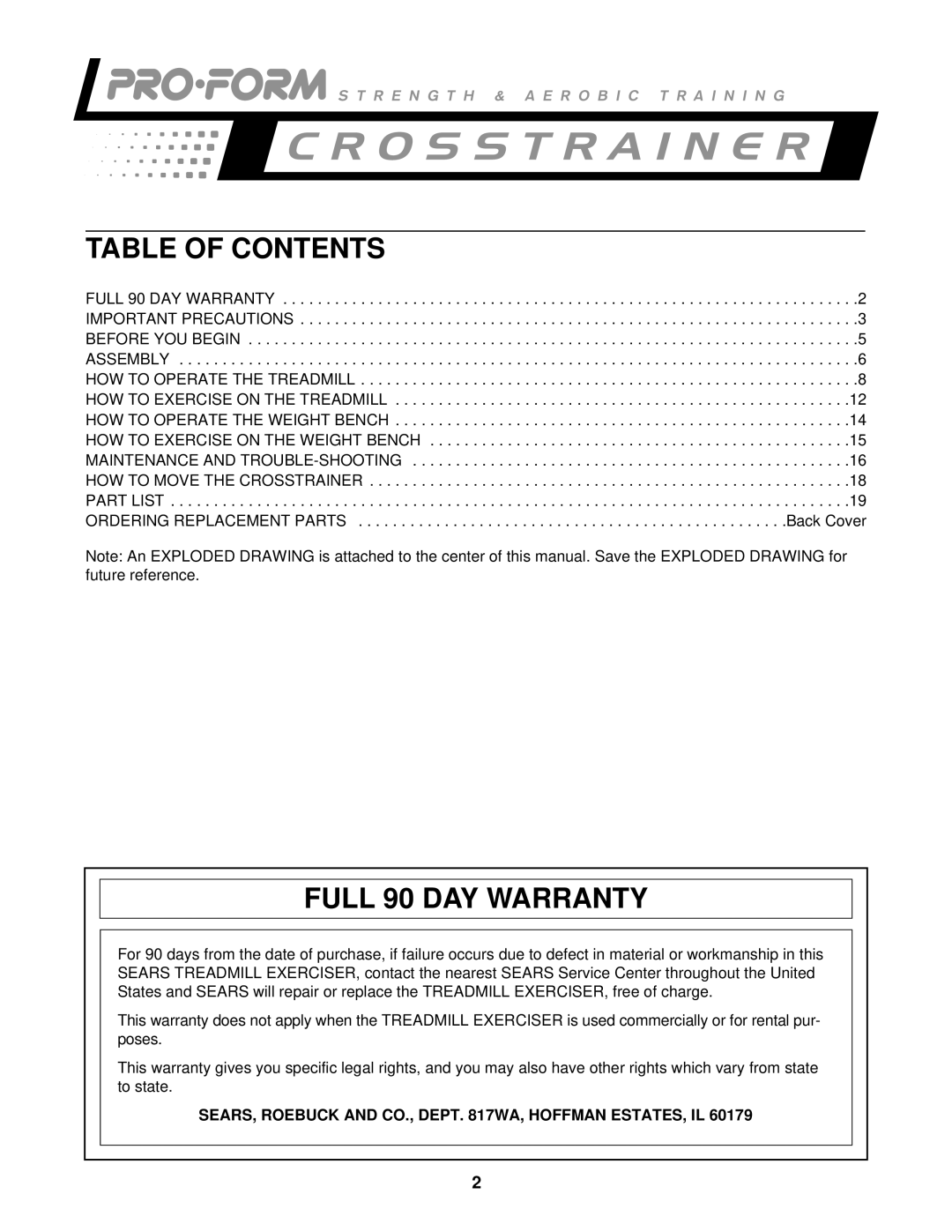 ProForm 831.297461 user manual Table of Contents, Full 90 DAY Warranty 