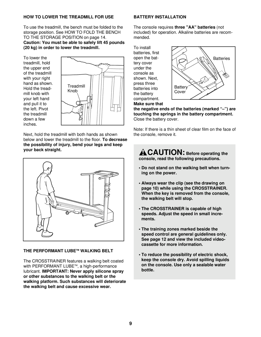 ProForm 831.297461 user manual HOW to Lower the Treadmill for USE, Performant Lubetm Walking Belt, Battery Installation 