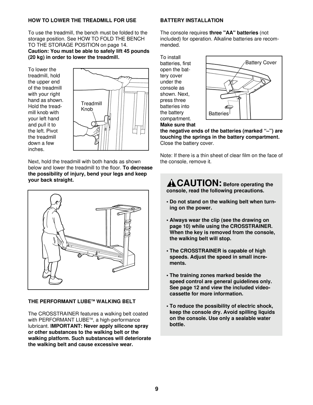 ProForm 831.297470 user manual HOW to Lower the Treadmill for USE, Performant Lubetm Walking Belt, Battery Installation 