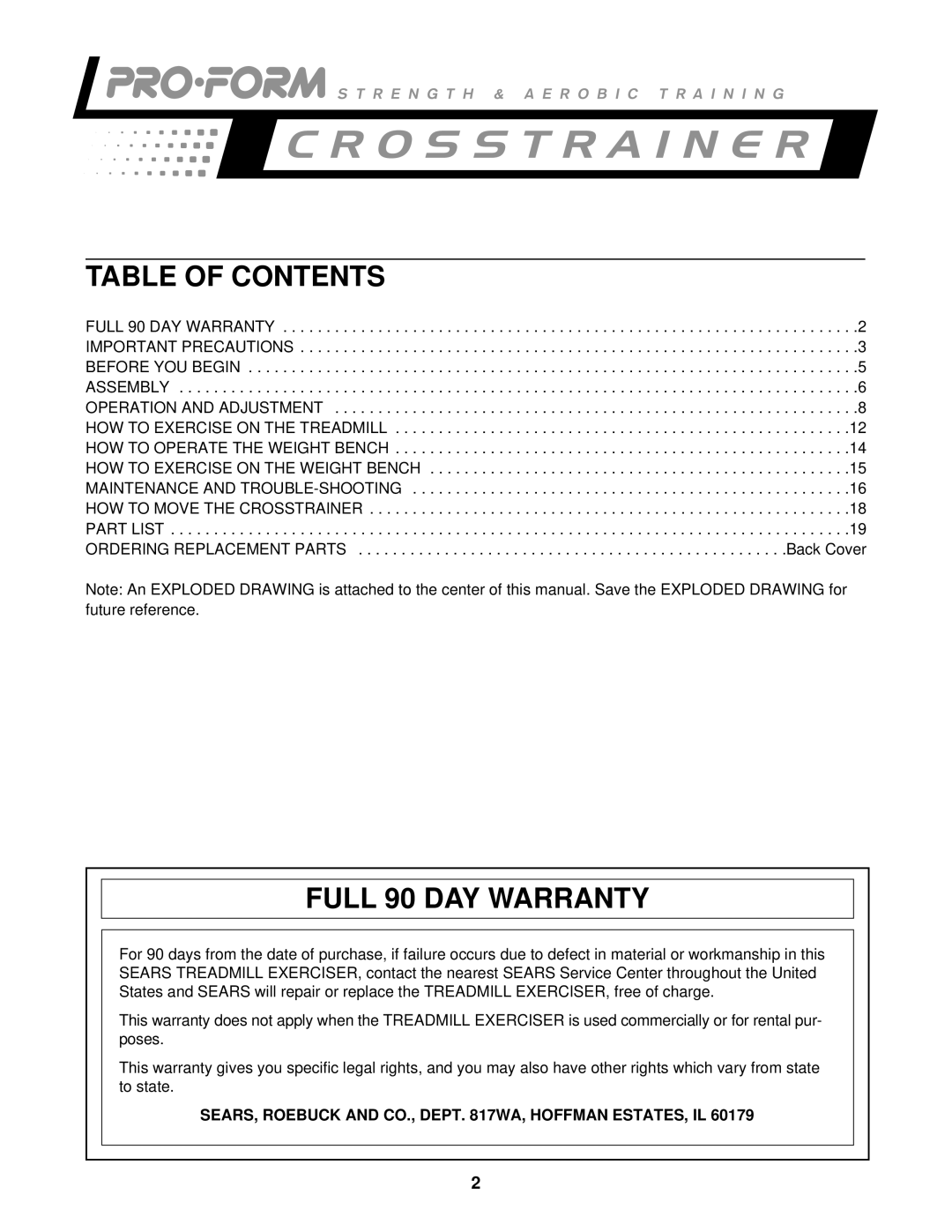 ProForm 831.297471 user manual Table of Contents, Full 90 DAY Warranty 