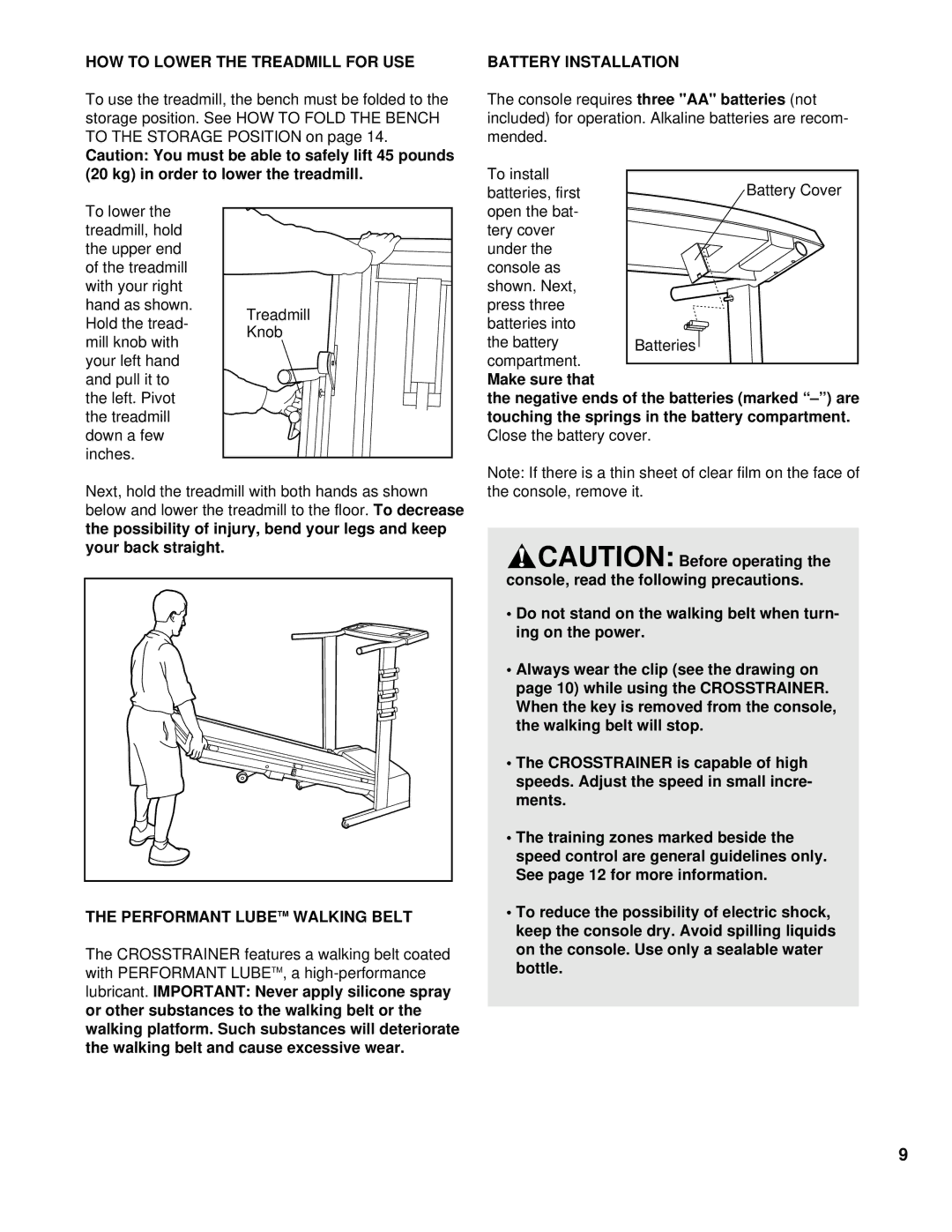 ProForm 831.297471 user manual HOW to Lower the Treadmill for USE, Performant Lubetm Walking Belt, Battery Installation 