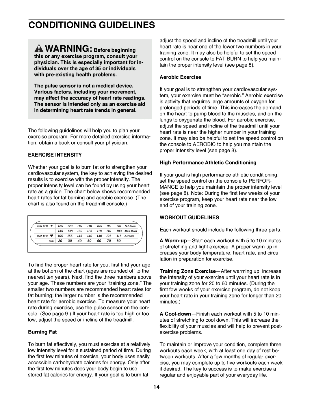 ProForm 831.297671 user manual Conditioning Guidelines, Exercise Intensity, Workout Guidelines 