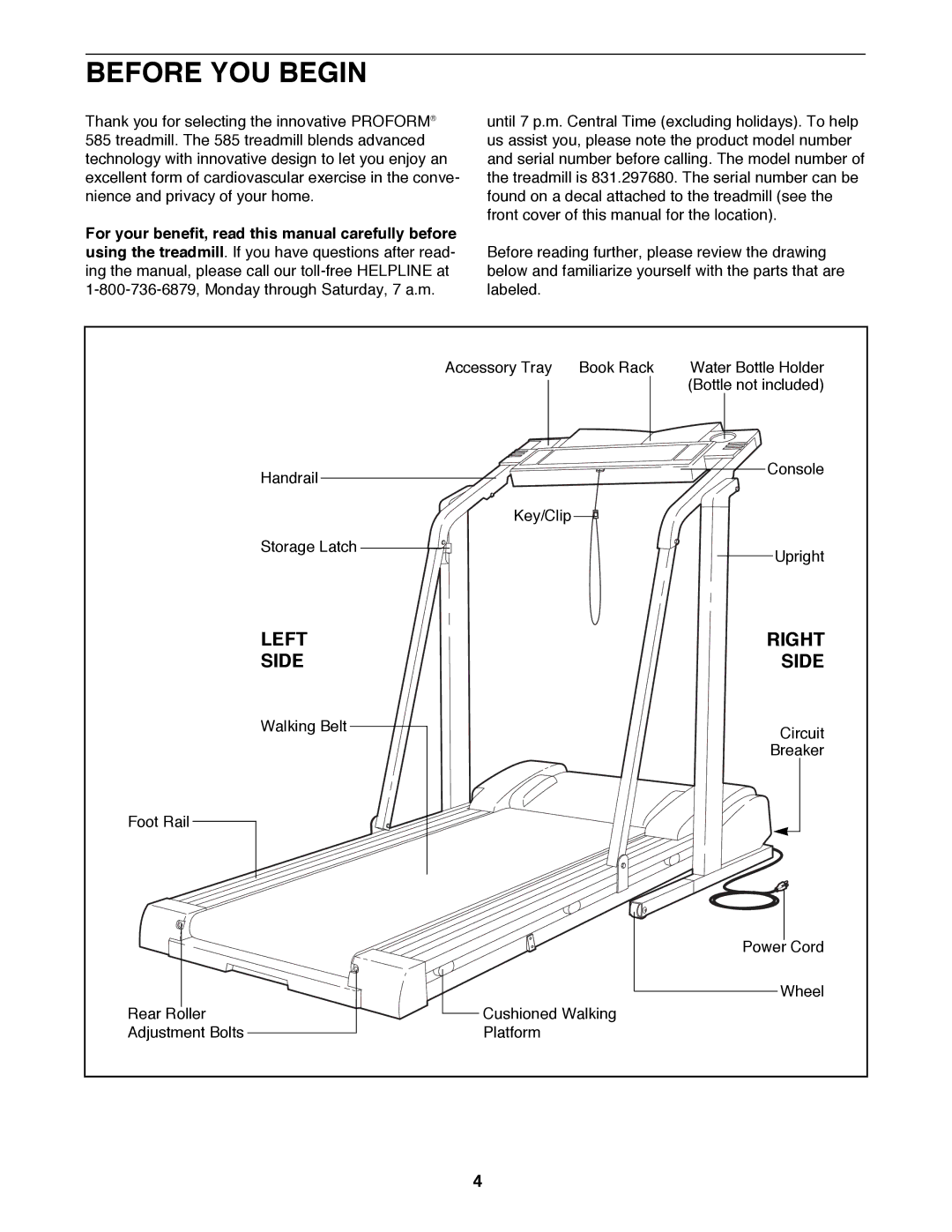 ProForm 831.297680 user manual Before YOU Begin, Left Right Side 