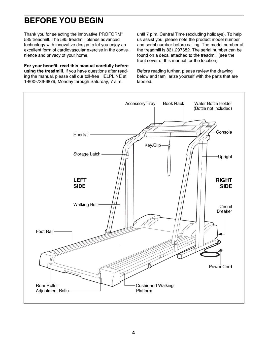 ProForm 831.297682 user manual Before YOU Begin, Left Right Side 