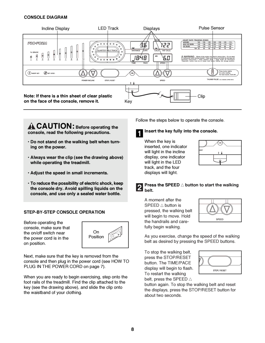 ProForm 831.297690 user manual Console Diagram, On the face of the console, remove it Key, STEP-BY-STEP Console Operation 