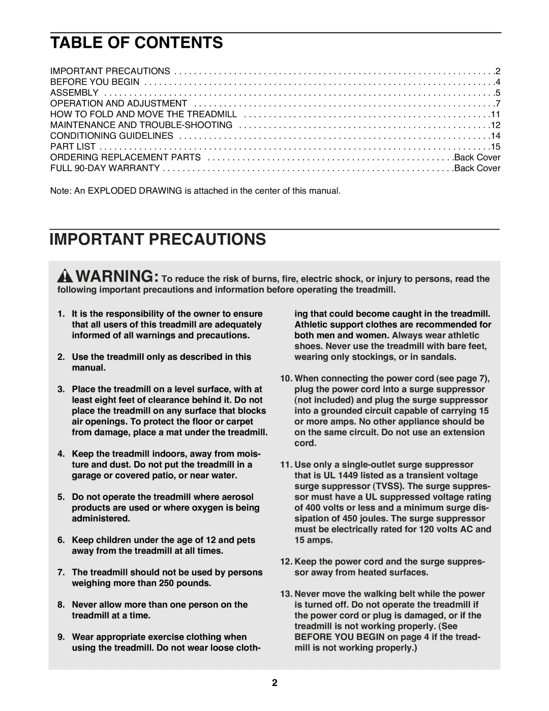 ProForm 831.297692 user manual Table of Contents, Important Precautions 