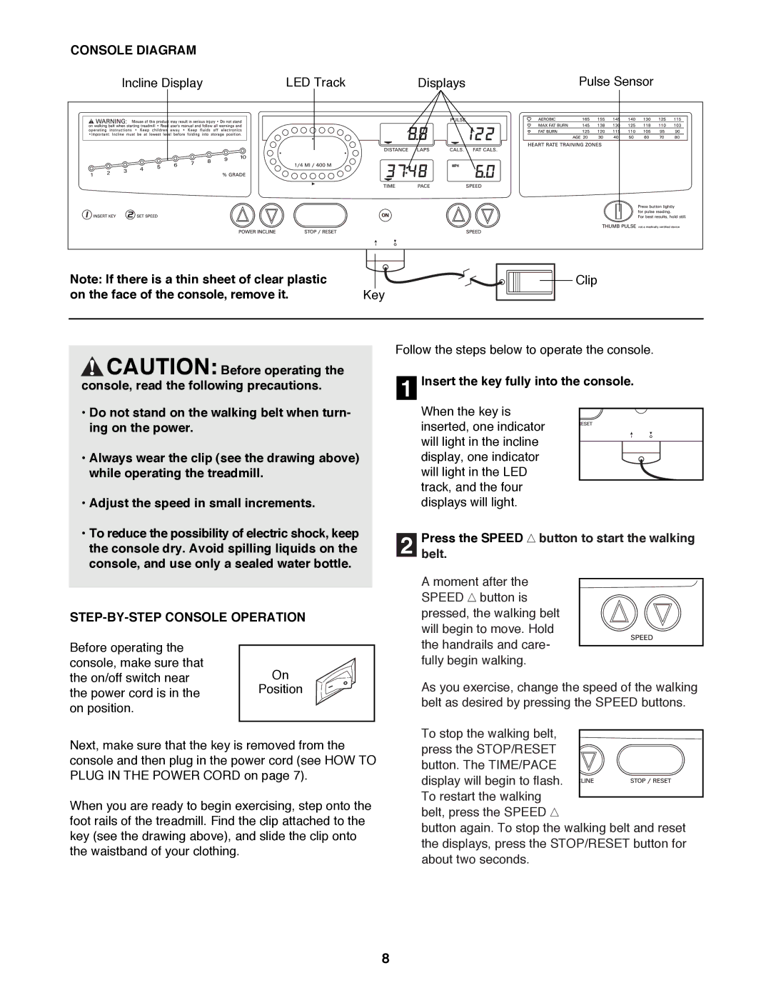 ProForm 831.297693 user manual Console Diagram, On the face of the console, remove it Key, STEP-BY-STEP Console Operation 